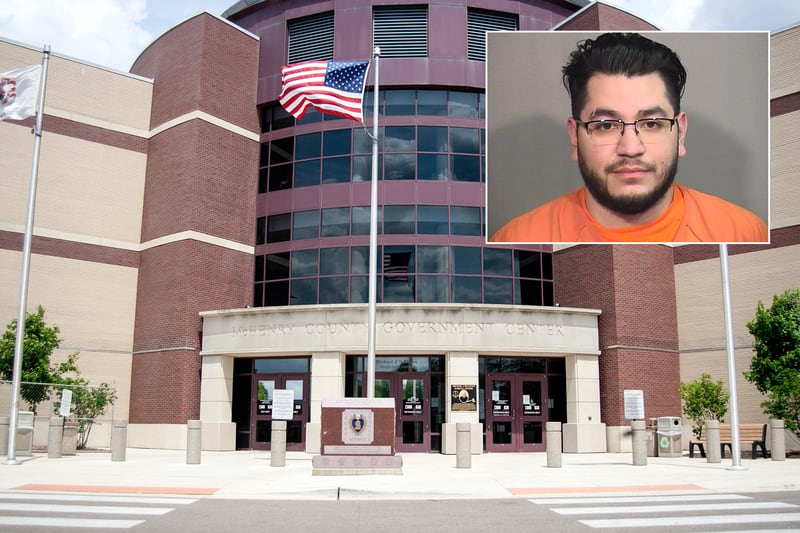 Inset of Christopher J. Rodriguez in front of Northwest Herald file of the McHenry County courthouse.