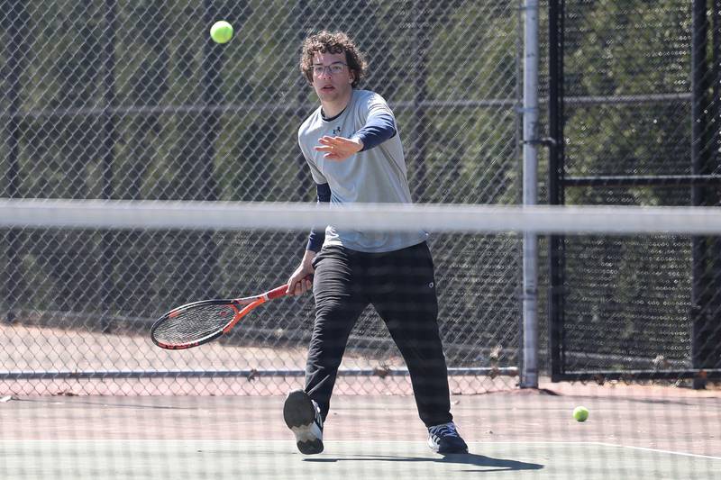 Plainfield South’s Nick Chance looks to return a shot against Coal City’s Martin Ramirez on Saturday, April 6, 2024 in Joliet.