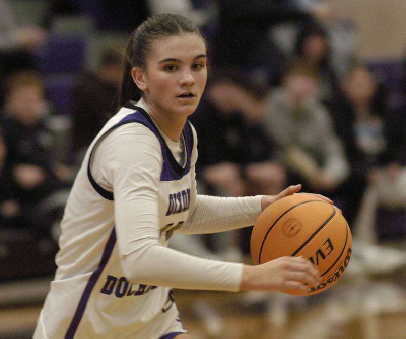 Kiley Gaither brings the ball up  .The Dixon Duchesses played  the Stillman Valley Cardinals in the third place game of the Dixon Holiday Tournament at Dixon High School on Monday, December 29th, 2025.