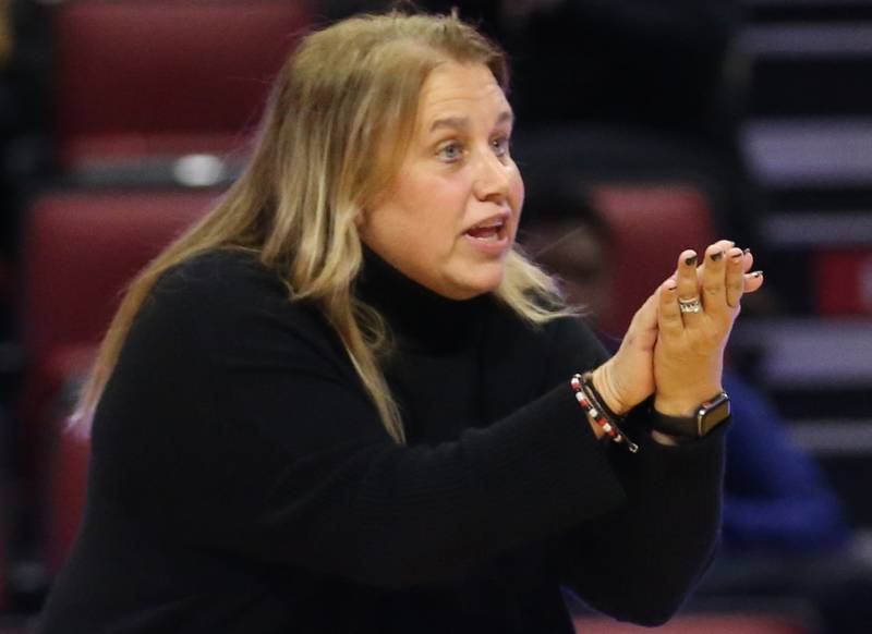 Barrington's head volleyball coach Michelle Jakubowski coaches her team in the Class 4A semifinal game on Friday, Nov. 11, 2022 at Redbird Arena in Normal.