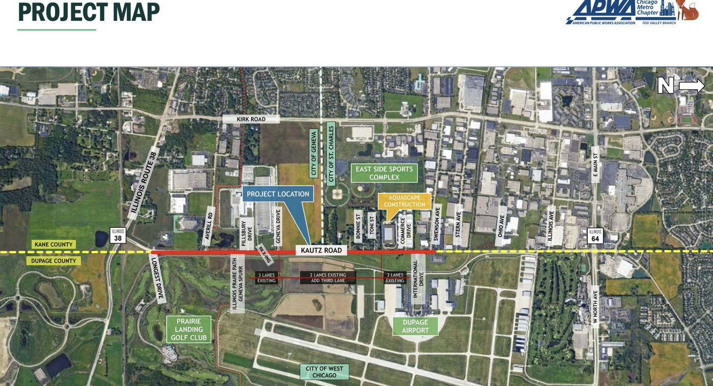 Geneva's Kautz Road reconstruction project extended Kautz Road 1.56 miles from Longest Drive to Swensen Avenue in Geneva and St. Charles as a north-south corridor. The $6.2 million, 1.56-mile project was completed in 2025.