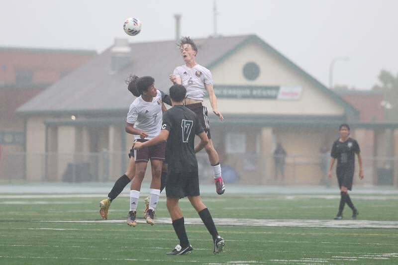 Morris’ Dominic Bertone, 6, heads the pass against Plainfield Central on Monday, Sept. 11, 2023 in Plainfield.