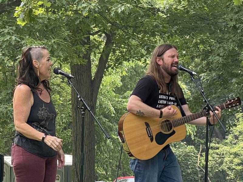 Kasey Christensen (left) and Liam Kyle Cahill play on the acoustic stage in the early afternoon at fForest Fest on Saturday, June 7, 2025.