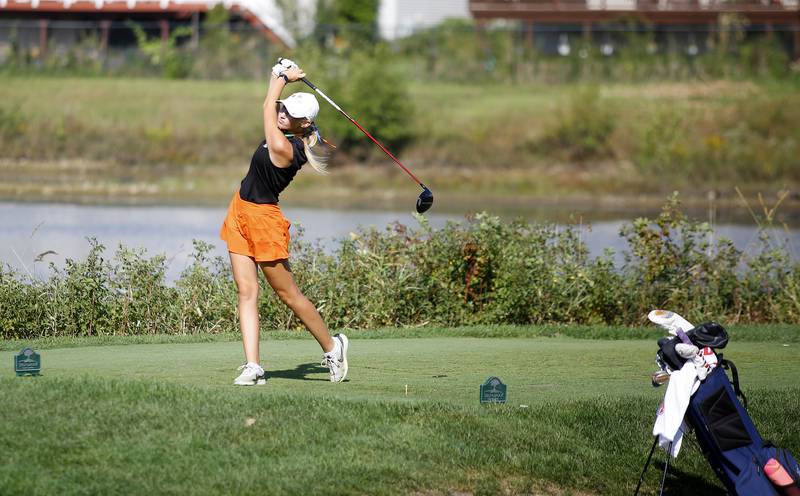 Crystal Lake Central’s Rylee Rud tees off during the Class 2A Waubonsie Valley Girls Golf Sectional on Monday, Oct. 6, 2025 at Springbrook Golf Course in Naperville.