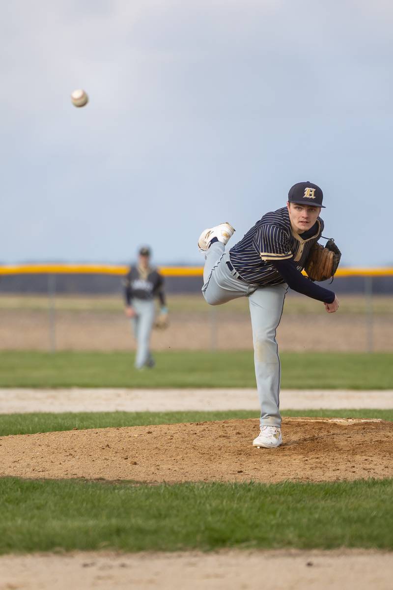 Thomas Giebel of Hiawatha pitches on Monday, April 7, 2025 at Serena High School in Serena.