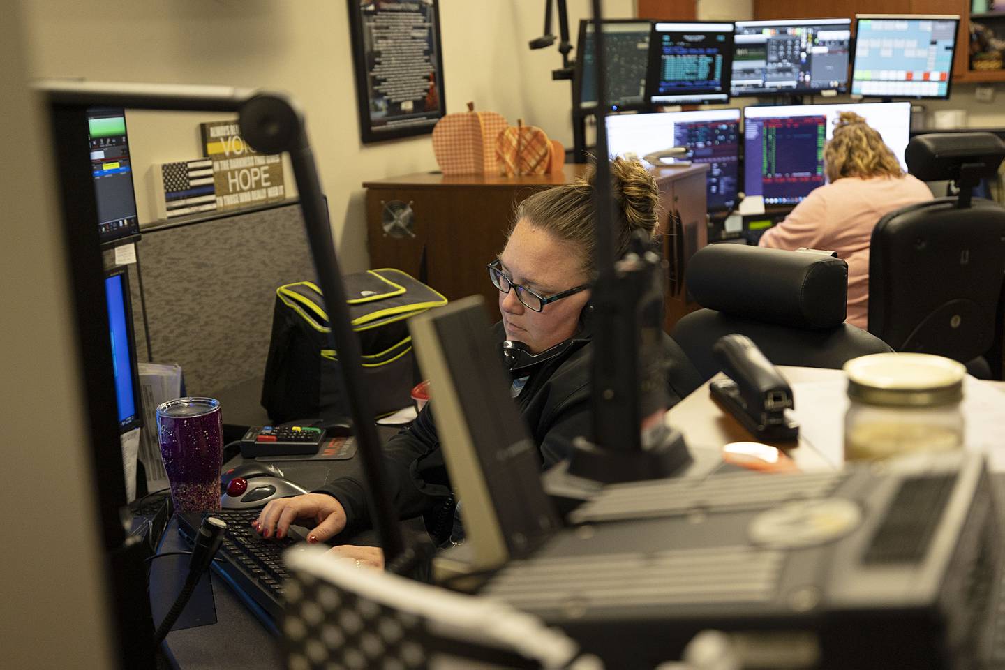 Toshia Paarman takes call Monday, Oct. 31, 2022 at the Sterling dispatch center.