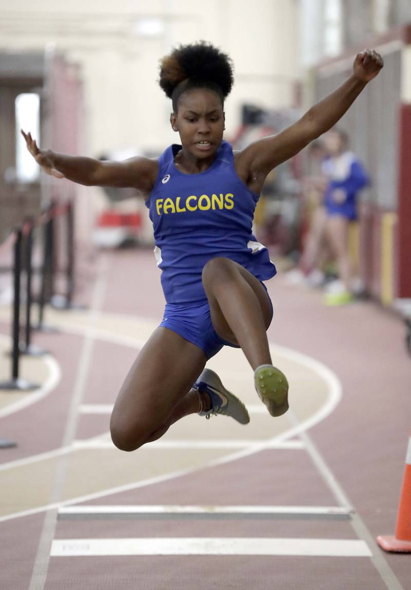 Wheaton North’s Taliyah Sims competes in the long jump during the DuKane Girls Indoor Championship track meet Friday March 18, 2022 in Batavia.