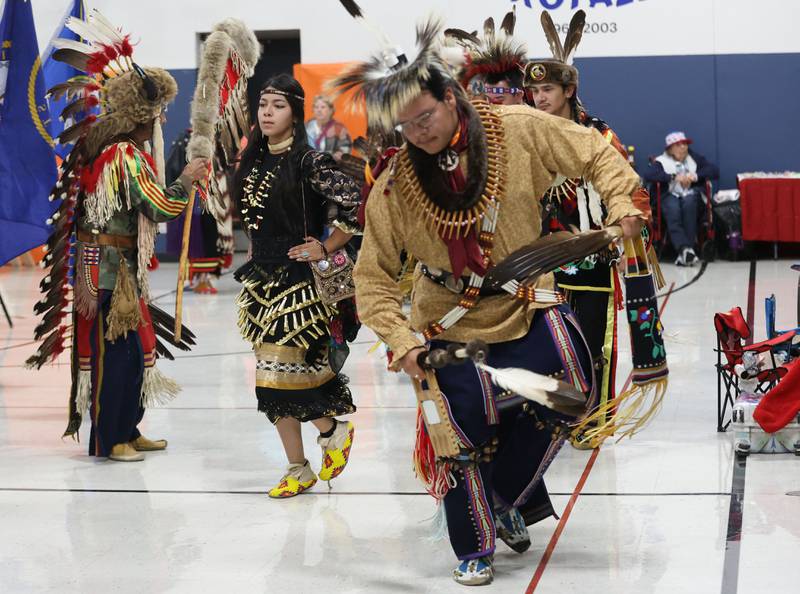 Native American Bear Claw dancer Winfield R Woundedeye leads the Grand Entry for the Starved Rock Pow Wow on Saturday, Nov. 1, 2025 at the Utica Village Hall.