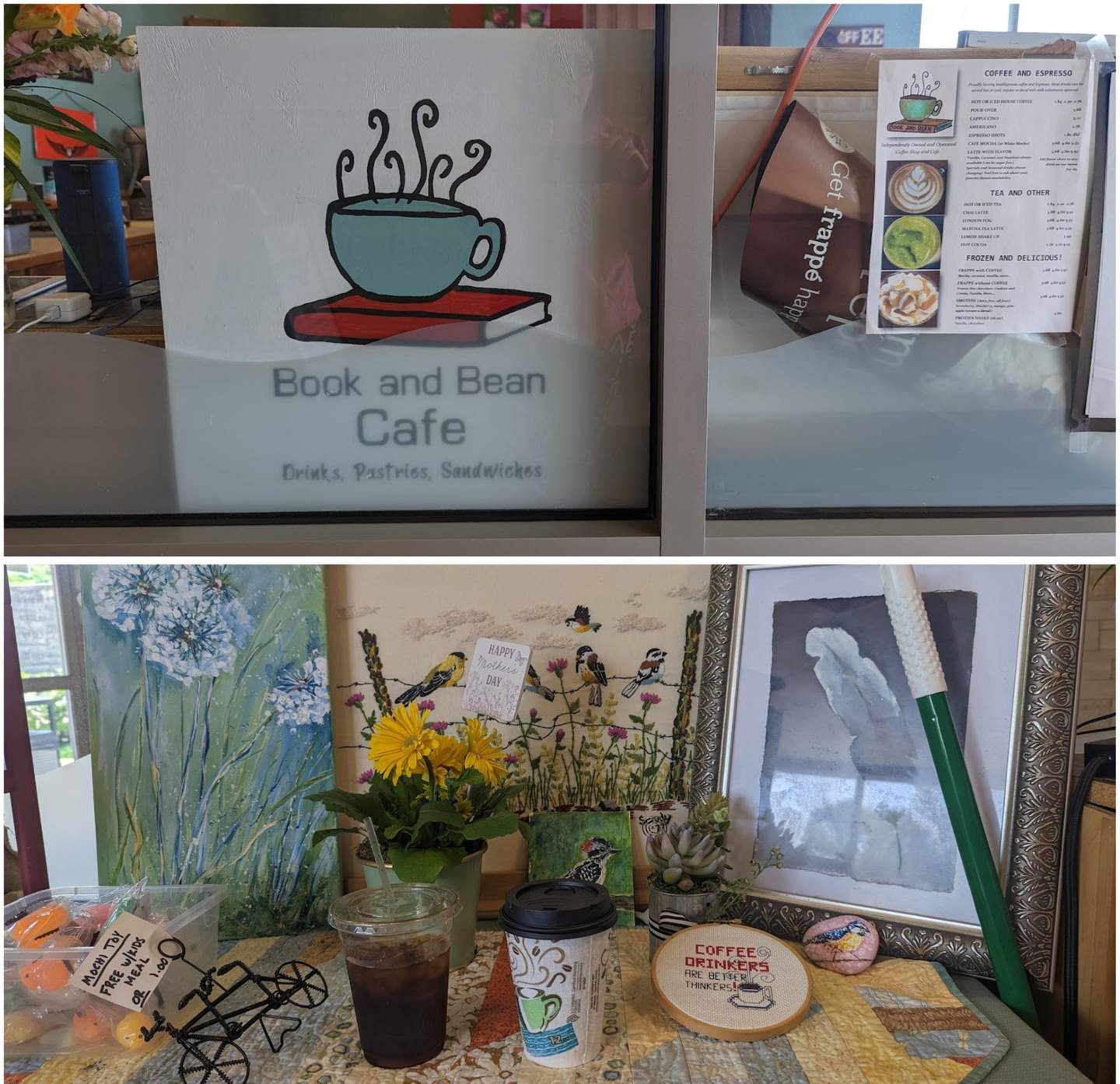 Pictured is an iced tea and plain black coffee as served at the Book and Bean Cafe in Joliet on Saturday, May 20, 2023.