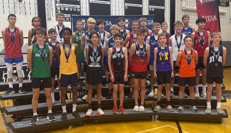 Top boys finishers include Rock Falls’ Bentlee Lawrenz (left) and Dixon’s Myles Bautista (third from left).