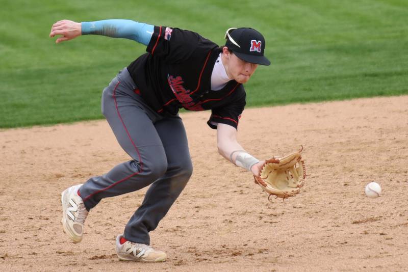 Marian Central's Jackson Hatfield fields a grounder during a game at Bishop McNamara Friday, April 17, 2026.