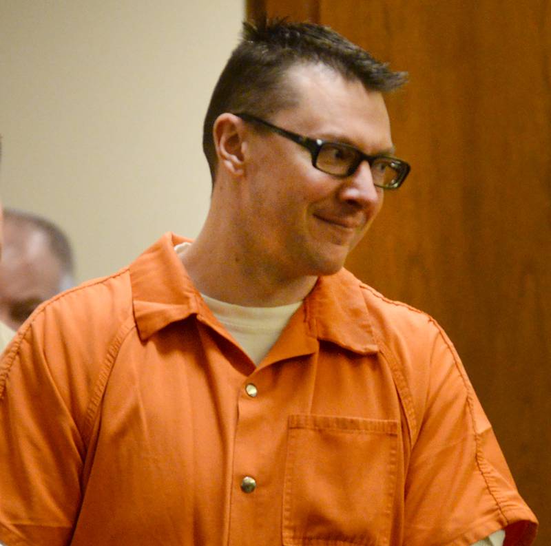 Duane Meyer is escorted into a courtroom at the Ogle County Judicial Center in Oregon on Thursday, Feb. 27, 2025 for a motion hearing. He is charged with murder and arson.