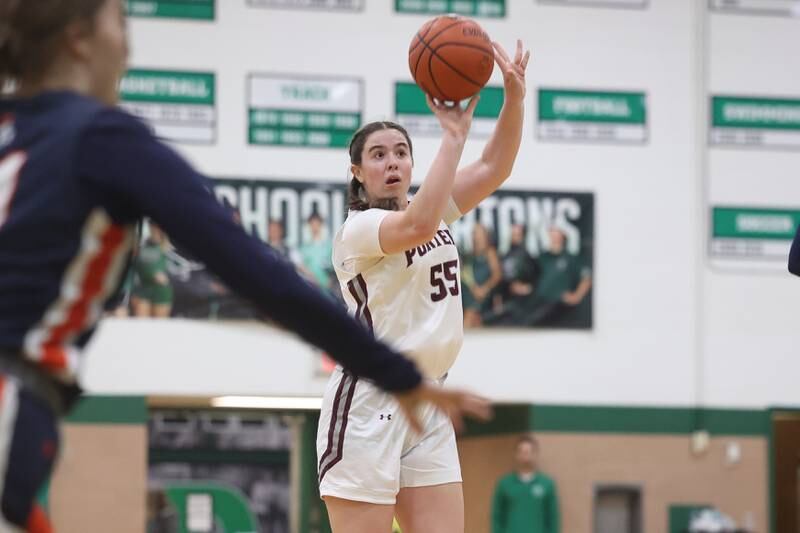 Lockport’s Evelyn Ingram puts up a deep shot against Romeoville in the Oak Lawn Holiday Tournament championship on Saturday, Dec.16th in Oak Lawn.