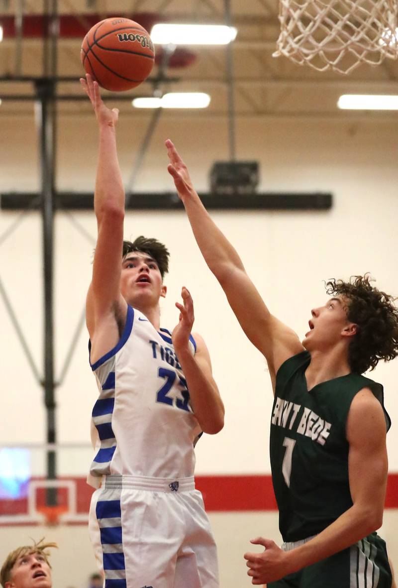 Princeton's Noah LaPorte shoots over St. Bede's Connor Brown Saturday night in the Colmone Classic.