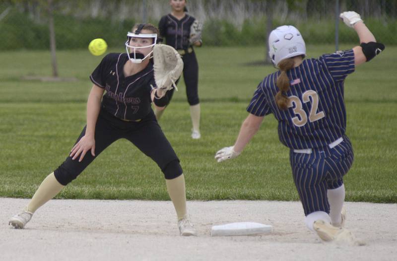 As Marquette’s Kelsey Cuchra begins to slide into 2nd base, Serena’s awaits the throw for a force out and the final out of the game Friday at Serena.