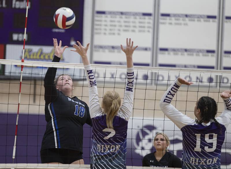 Newman’s Kennedy Rowzee plays a shot Monday, August 28, 2023 during a non-conference match-up in Dixon.