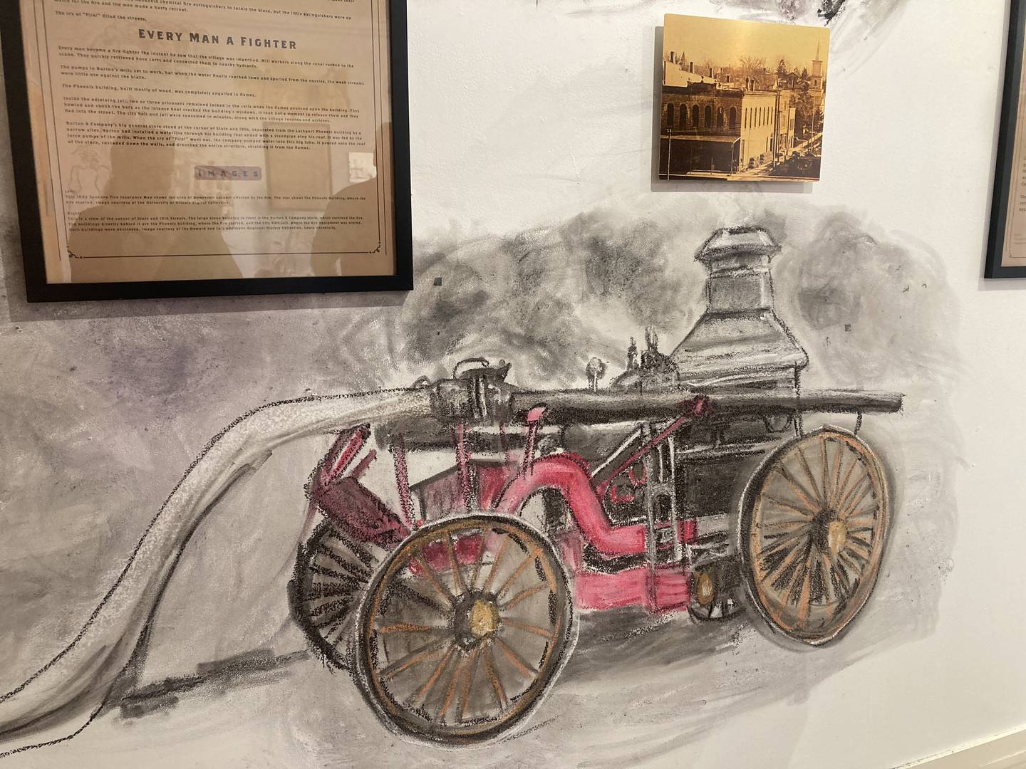Drawing of the water pumps brought to Lockport by Chicago firefighters in 1895 to put out the fire.