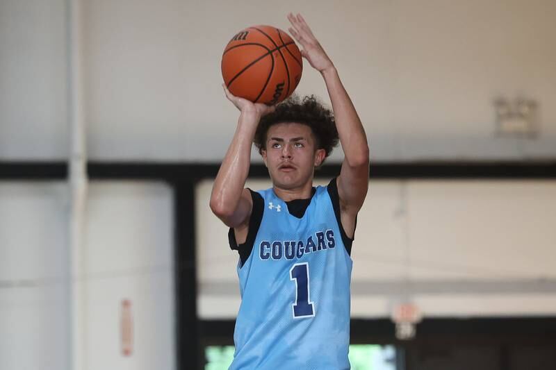 Plainfield South’s Jeremiah Huerta takes the deep shot against Morris at the 37th Morris Boys Shootout on Tuesday, June 25, 2024.