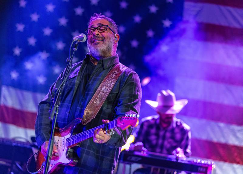 Aaron Lewis sings on stage as the headliner at Streator Fest on August 1, 2025.