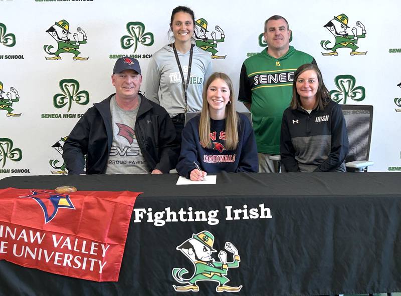 Recent Seneca graduate and Times All-Area Track and Field Honor Roll member Evelyn O'Connor has committed to continue her education at Saginaw Valley State University in University Center, Michigan, and her running career in both cross country and track at the NCAA Division II level with the Cardinals. At her signing ceremony are (left to right): in front – Jim O'Connor, Evelyn O'Connor, Kim Foster; and in back – Eva Bruno and Ted O'Boyle.