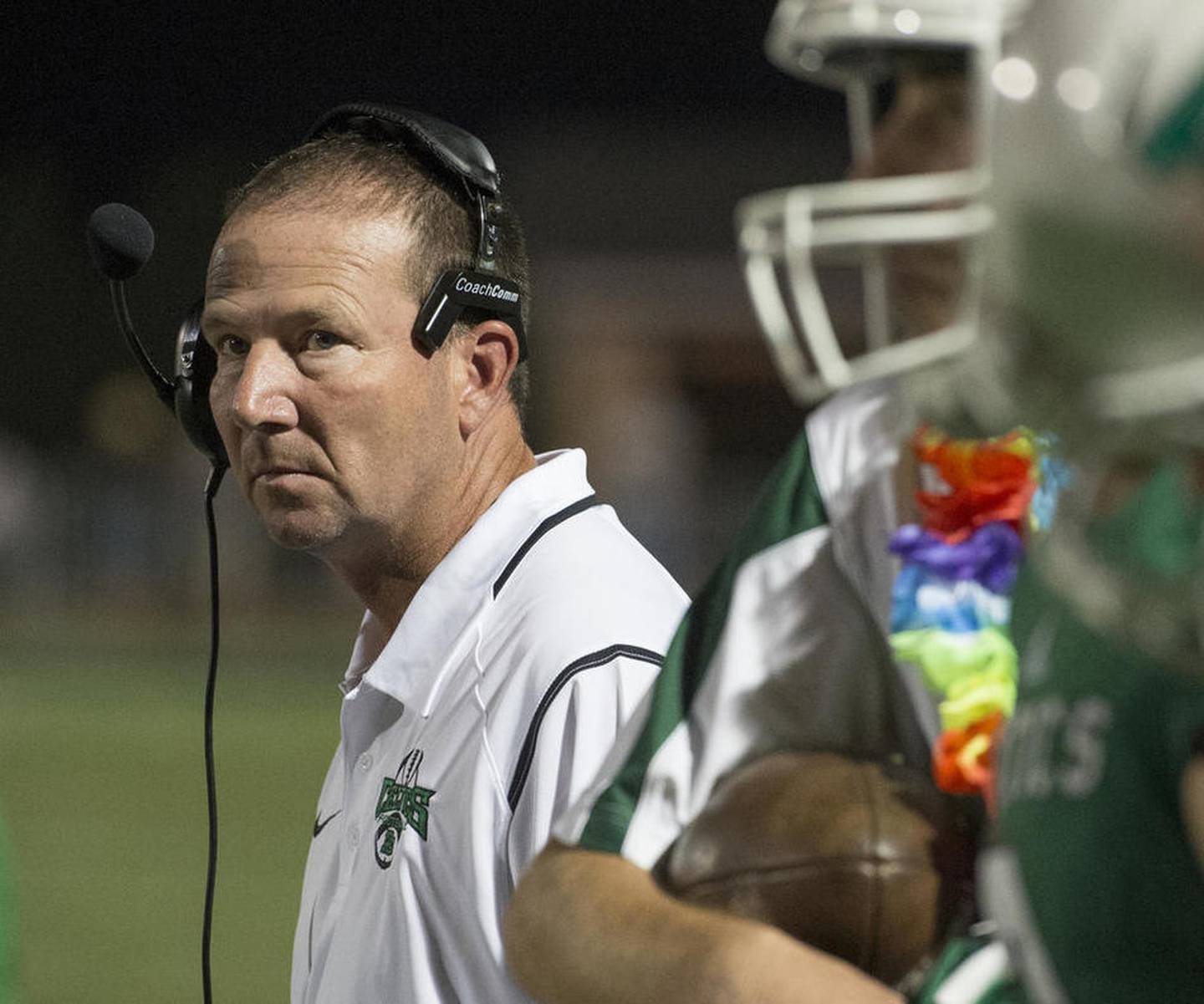 Providence Head Coach Mark Coglianese looks at his defensive line during the game against Brother Rice on Friday, Sept. 23, 2016 hosted at Providence Catholic High School in New Lenox. The Celtics fell to the Crusaders, 42-14. (Photo by Paul Bergstrom for Shaw Media)