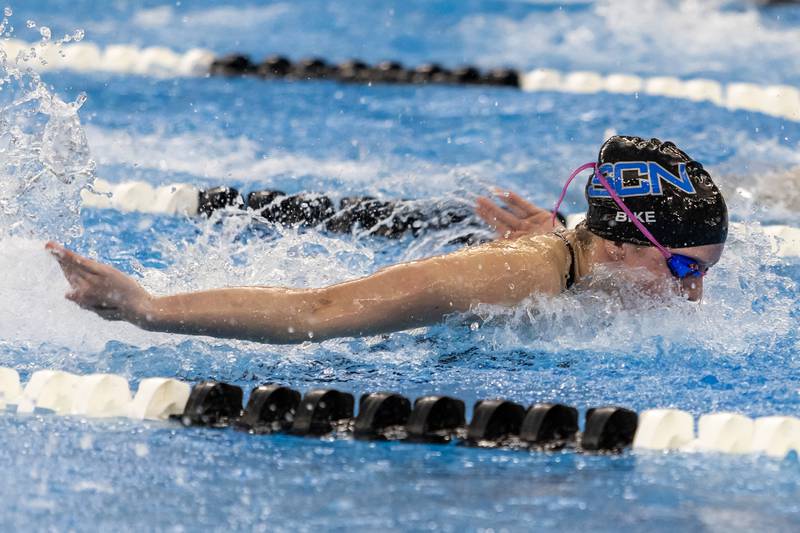 St. Charles North’s Thea Bike competes in the 100 Yard Butterfly during the IHSA Girls State Swimming Preliminaries at FMC Natatorium in Westmont on Nov. 14, 2025.