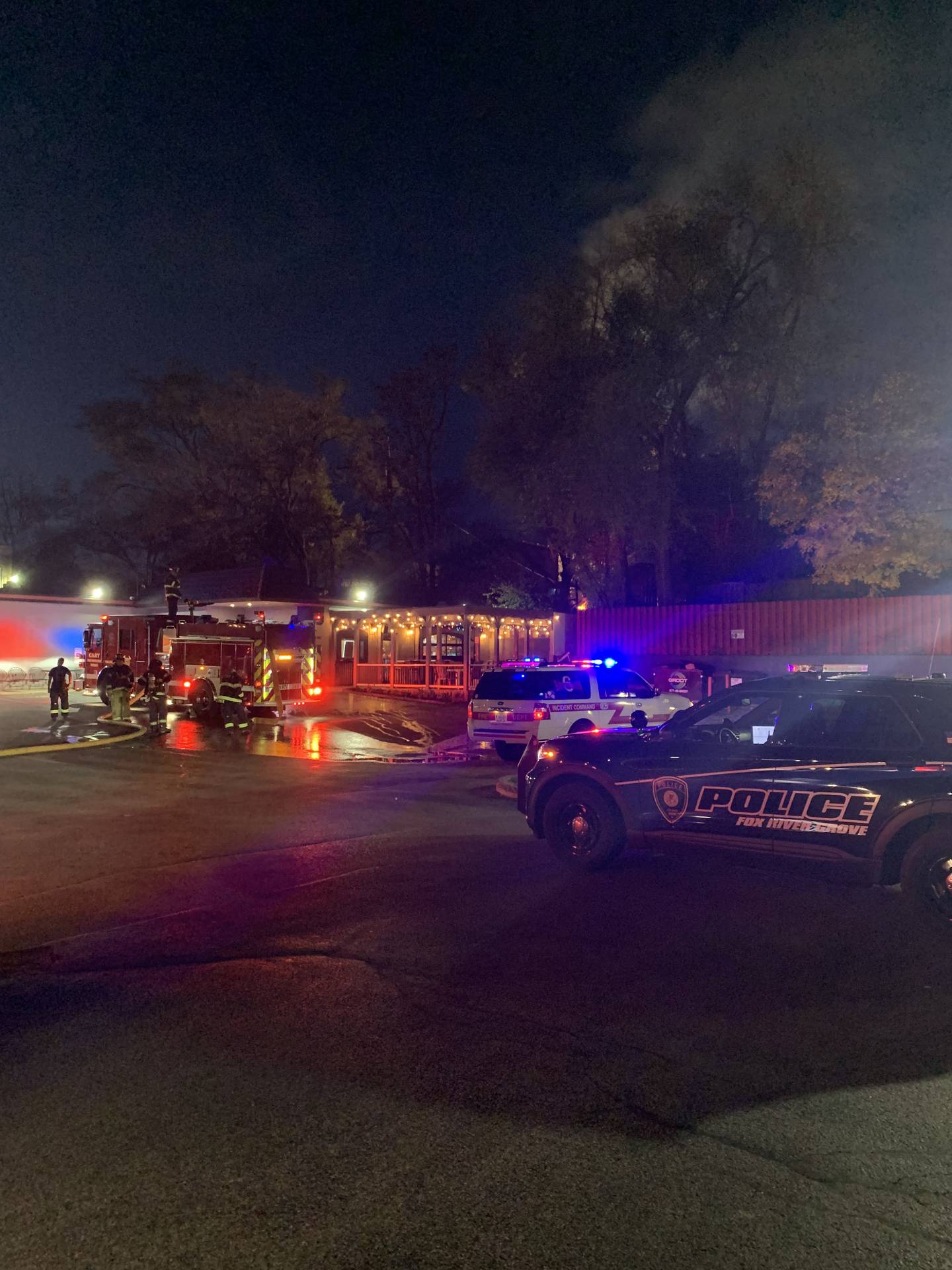 A brush fire in Fox River Grove damaged a shed and fence Wednesday evening. Firefighters controlled the fire from the home and neighboring Lucky Lucy's.