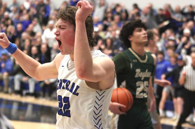 Burlington Central’s Nicholas Gouriotis howls with delight after drawing a foul against Rockford Boylan in IHSA Class 3A Sectional action at Burlington Central High School Wednesday night.