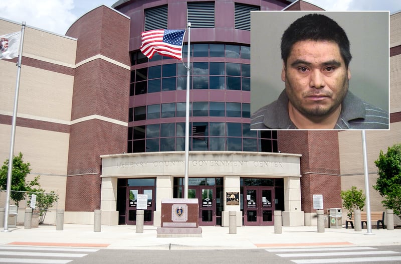 Inset of J. Santos Nova-Rivera in front of Northwest Herald file of the McHenry County courthouse.