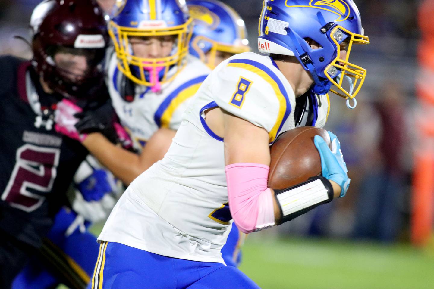 Johnsburg’s Shawn Halloran runs the ball after an interception in varsity football at Rod Poppe Field on the campus of Marengo High School in Marengo on Friday, Oct. 3, 2025.