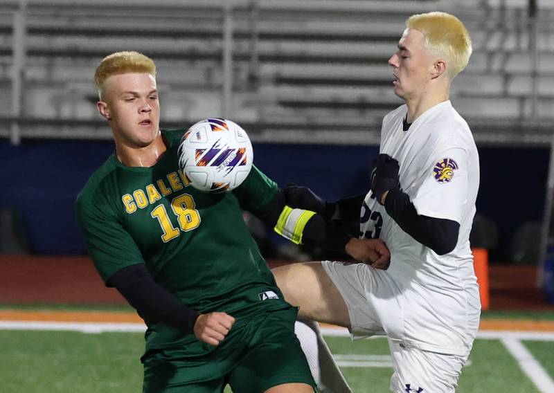 Coal City's Julian Micetich and Mendota's Alex Beetz collide at the ball Thursday, Nov. 6, 2025, during their Class 1A state semifinal game at Hoffman Estates High School.