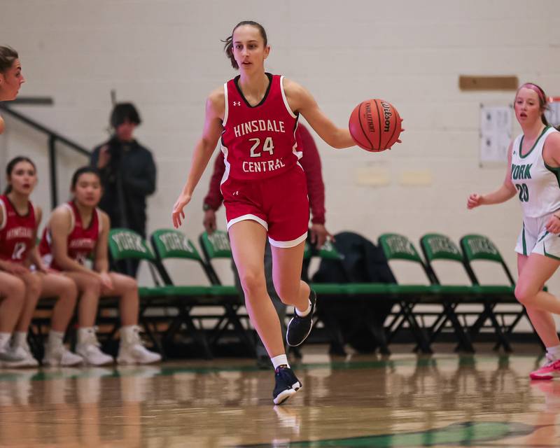 Hinsdale Central's Greta Dani (24) advances the ball up court during basketball game between Hinsdale Central at York. Dec 8, 2023.