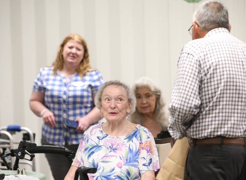 Nancy Sims, speaks to Princeton mayor Ray Mabry during Gorgeous Grandma Day on Wednesday, July 23, 2025 at the Greenfield Retirement Home in Princeton. Mayor Mabry spoke to the residents, handed out rubber ducks and told stories about Princeton. a day to honor and appreciate grandmothers, recognizing their beauty, wisdom, and the important role they play in families and communities. The day encourages people to show their love and gratitude to grandmothers and to celebrate women of all ages who embrace the spirit of a "gorgeous grandma".