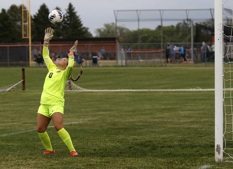 Crystal Lake South's Madelyn Smith catches a shot on goal during a Class 2A Crystal Lake Central Regional girls soccer semifinal match against Prairie Ridge on Tuesday, May 19, 2026, at Crystal Lake Central High School.