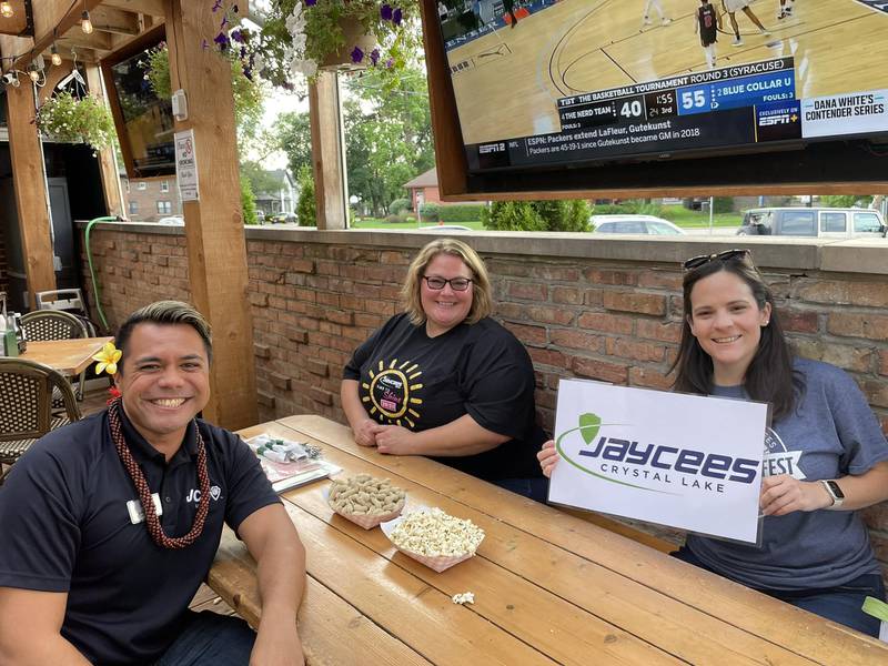 The Illinois Jaycees, shown here at a July social event in Crystal Lake, are trying to restart the Crystal Lake Chapter, which disbanded in 2013; there will be an event at Nick's Pizza on Saturday, Nov. 12, 2022. From left to right: Jaycees Nate Martin, Dawn Stangle and Sarah McKillop.