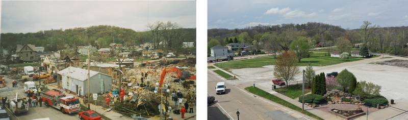A comparison of the corner of Church and Mill Streets taken 20 years apart. The photo on the left was taken on Wednesday April 21, 2004 (the day after the tornado) and the photo on the right was taken on Tuesday April 16, 2024.