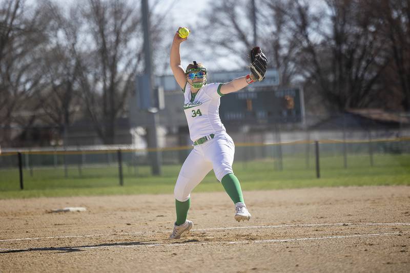 Rock Falls’ Peyton Smit winds up for a pitch against Dixon Tuesday, April 9, 2024 at Reynold’s field in Dixon.