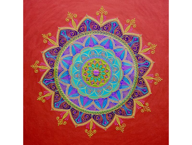 Artists Bala Thiagarajan paints her free-hand textured acrylic paintings and incorporates Indian folk-art forms.