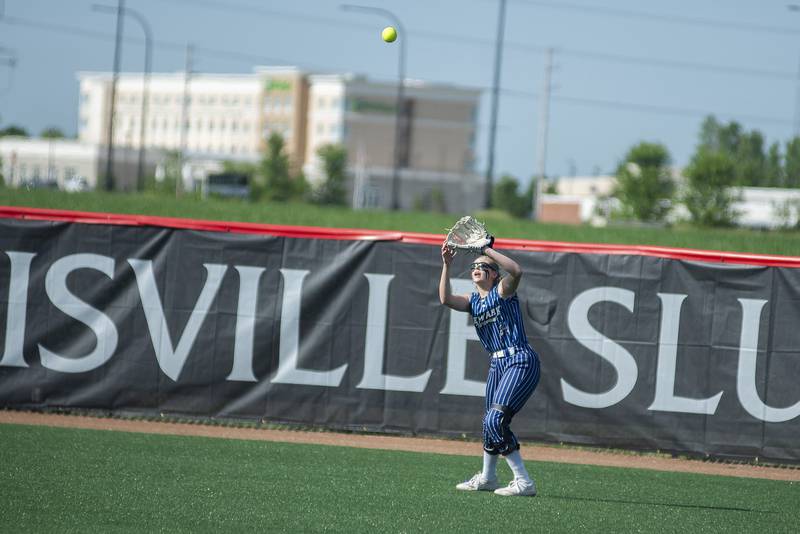 Newark’s Bre Dixon hauls in a fly ball in centerfield against Forreston Saturday, June 4, 2022 during the IHSA Class 1A softball state third place game.