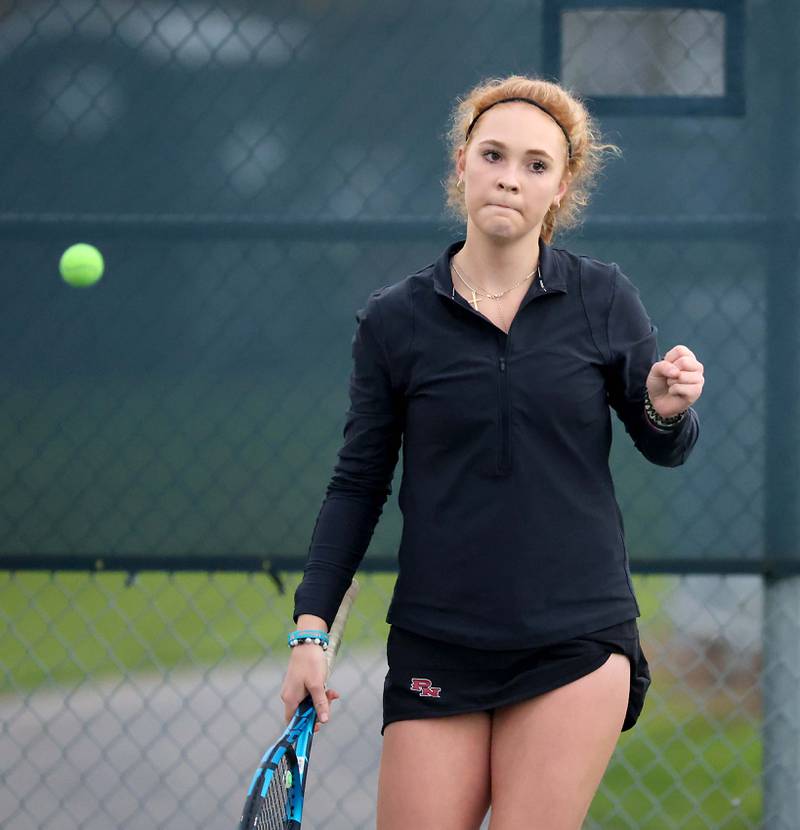 Plainfield NorthÕs Jessica Kovalcik reacts to a point in the 2A Singles Semifinal at the IHSA State Tennis Finals Saturday October 21, 2023 in Buffalo Grove.