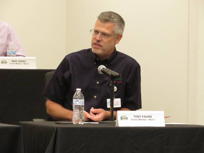 DeKalb Seventh Ward Alderman Tony Faivre speaks in support of Project Barb during the Monday, July 26, 2021 DeKalb City Council meeting at DeKalb Public Library.