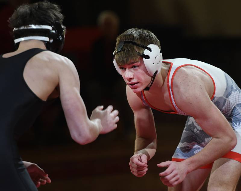 Oregon's Jackson Messenger zeroes in on Byron's Dylan Dach at 157 pounds during the Oregon Quad meet on Saturday, Jan. 17, 2026 at the Blackhawk Center in Oregon.