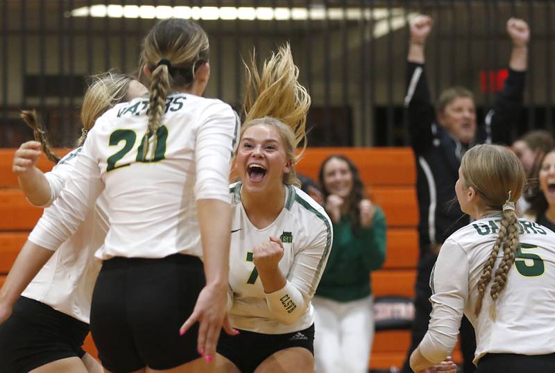 Crystal Lake South's Laken Lepage celebrates the match winning point against Crystal Lake Central with her teammate, Morgan Johnson, in the IHSA Class 3A Crystal Lake Central Regional volleyball final on Oct. 31, 2024, at Crystal Lake Central High School.