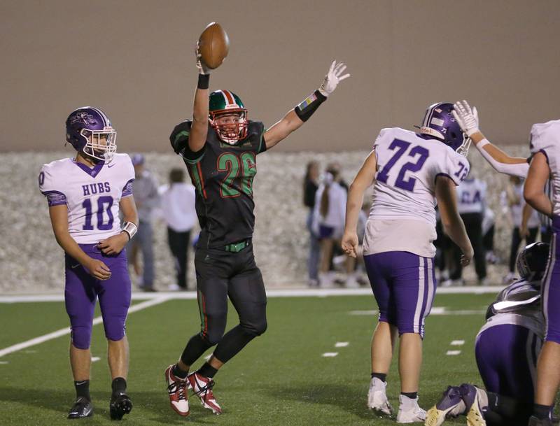 L-P's Griffin May reacts after picking up a fumble against Rochelle on Friday, Sept. 27, 2024 at Howard Fellows Stadium.