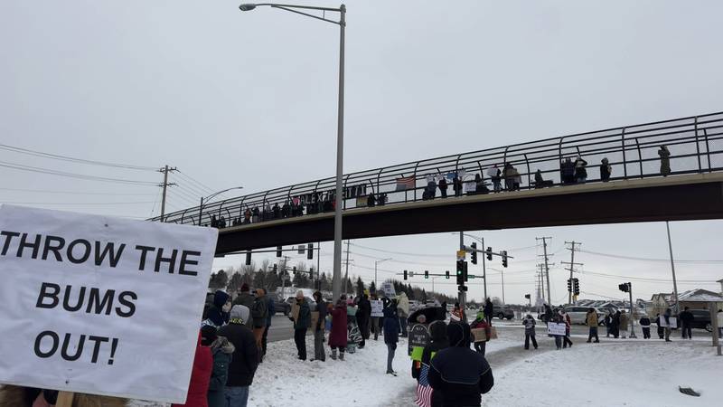 People at a rally in South Elgin on Sunday, Jan. 25, 2026, protest over a second fatal shooting in Minneapolis by federal immigration authorities.
