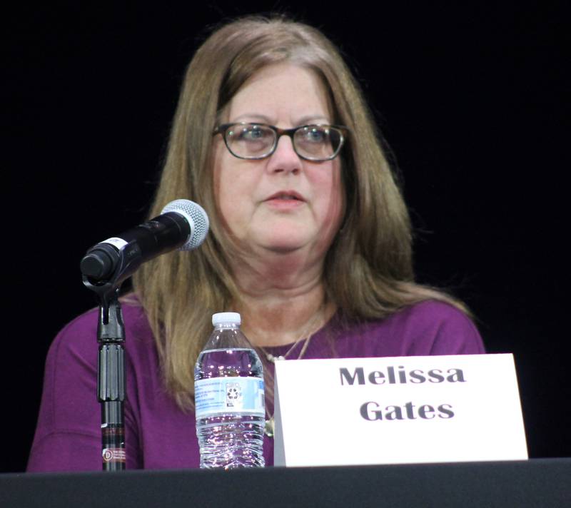 Melissa Gates appears Thursday, March 16, 2023, during a Dixon board of education candidate forum at Dixon Theatre.