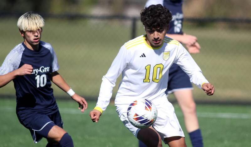 Cary-Grove’s Cole Waddell, left, and Harvard’s Miguel Mercado race to the ball in IHSA Class 2A Regional Title Game soccer action on Saturday, Oct. 26, 2024, at  Harvard Junior High School  in Harvard.