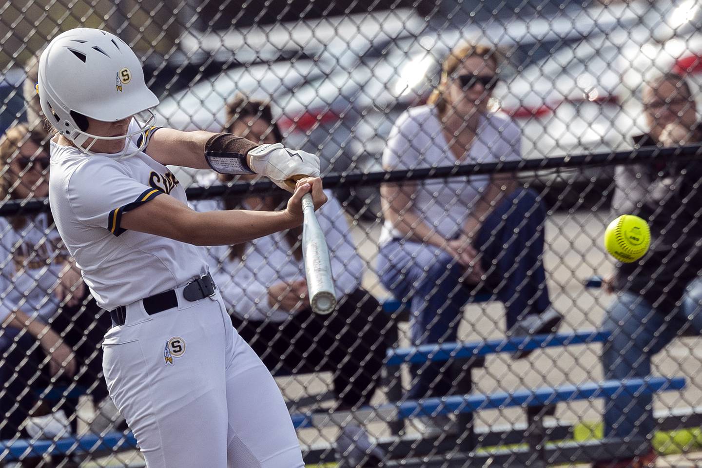 Sterling’s Mya Lira drives the ball up the middle against Moline Tuesday, April 22, 2025.