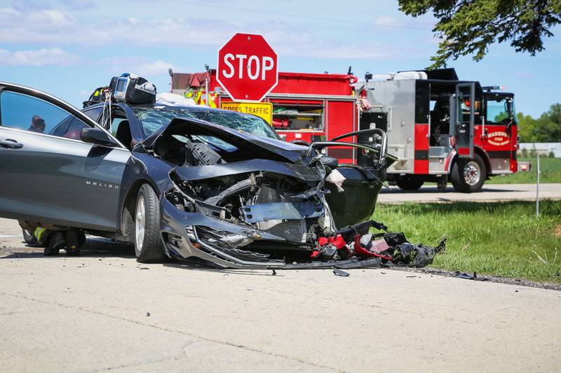 Three adults and one minor suffer injuries in a three-vehicle crash near Marengo Sunday afternoon, the Marengo Fire & Rescue Districts reports.