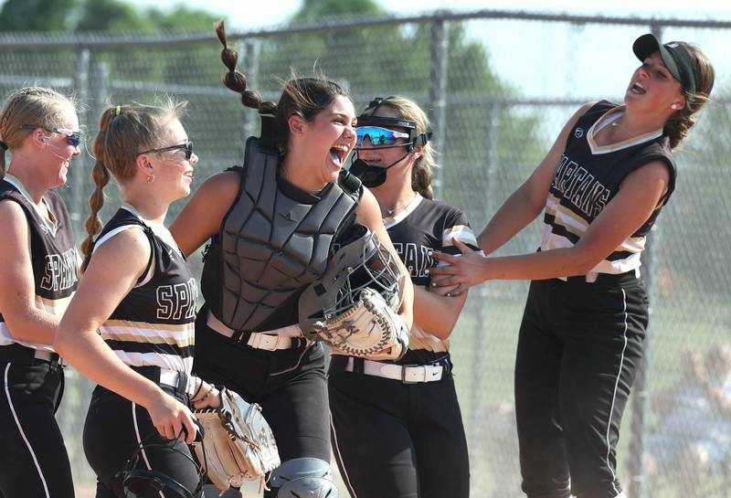 Sycamore players celebrate after turning a double play during their Class 3A sectional championship win over Sterling Friday, June 2, 2023, at Belvidere North High School.